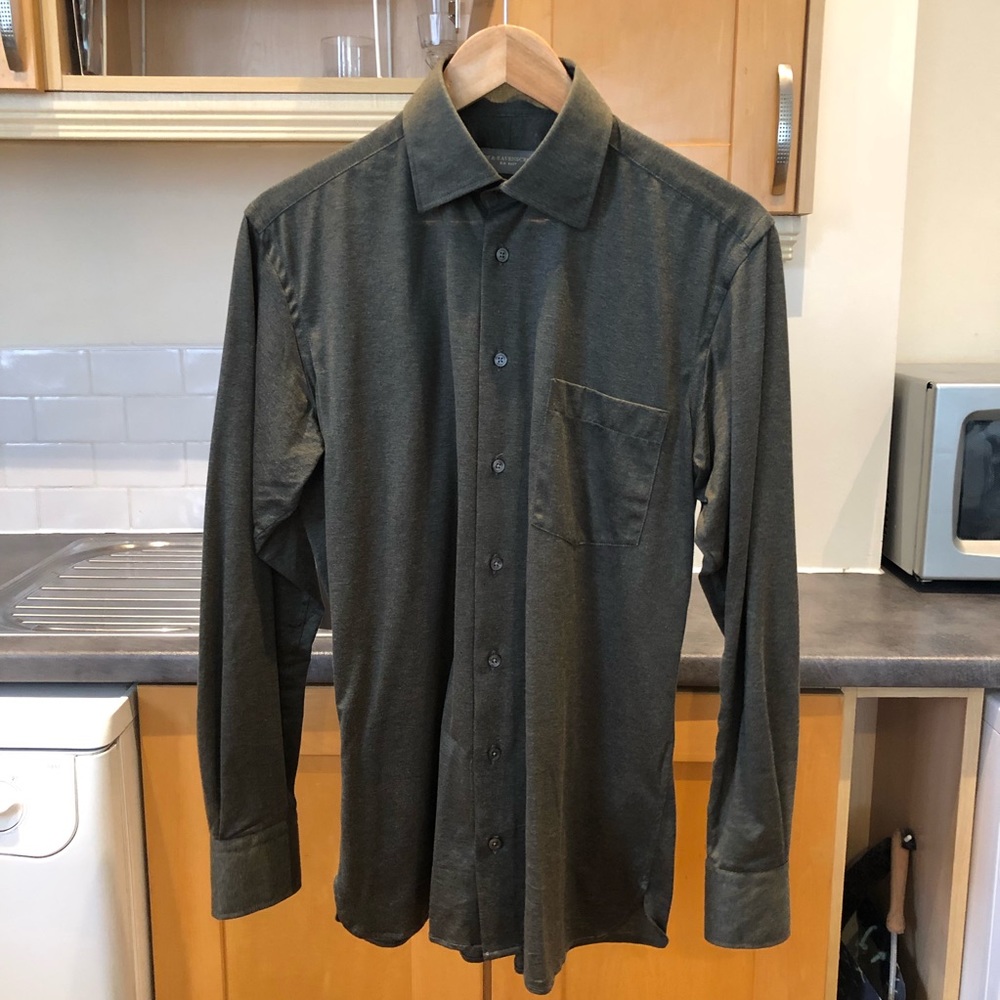 Ede & Ravenscroft Brushed Cotton Olive Green Dress Shirt, Size 15 x 38, with Bag